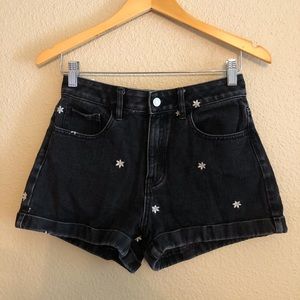 Floral Embroidered Black Denim Mom Short